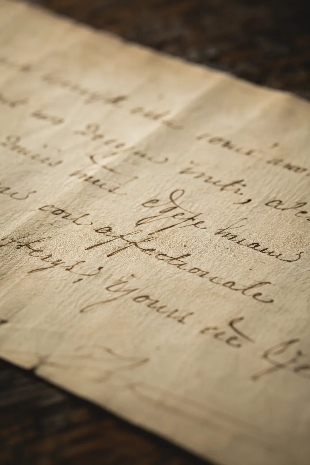 An old handwritten letter in faded ink on a wooden table, a phone held above it