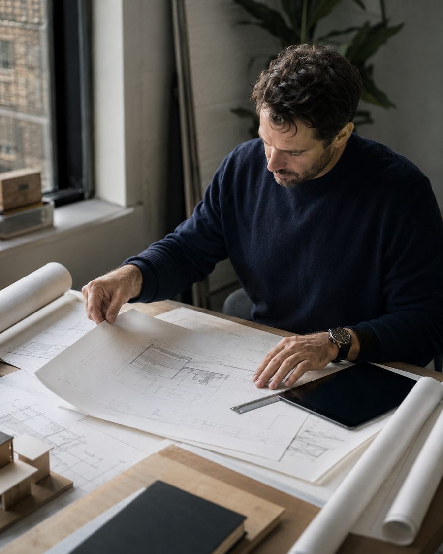 Architect reviewing technical drawings at a desk